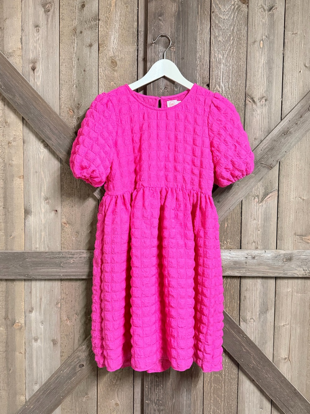 Kids Pink Textured Puff-Sleeve Dress